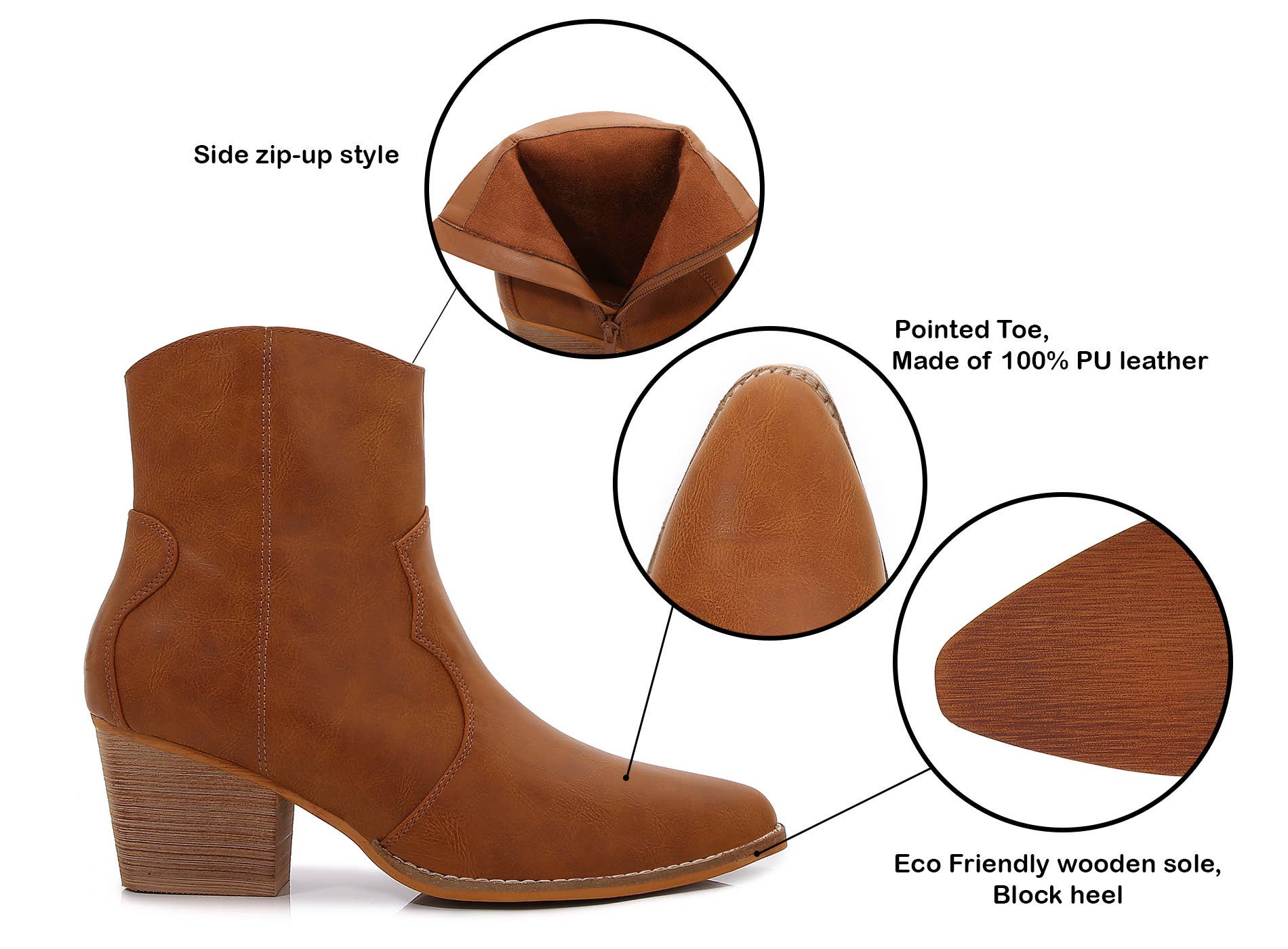 Shop Lev - Vente Bottines – femme - Bottes Western zippées en cuir PU à talons carrés pour femmes12