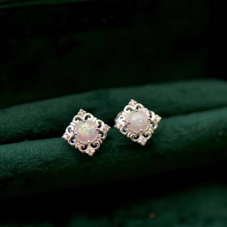 Brincos com moldura quadrada opala estilo vintage em prata de 1ª Lei por atacado de happyzzzsu