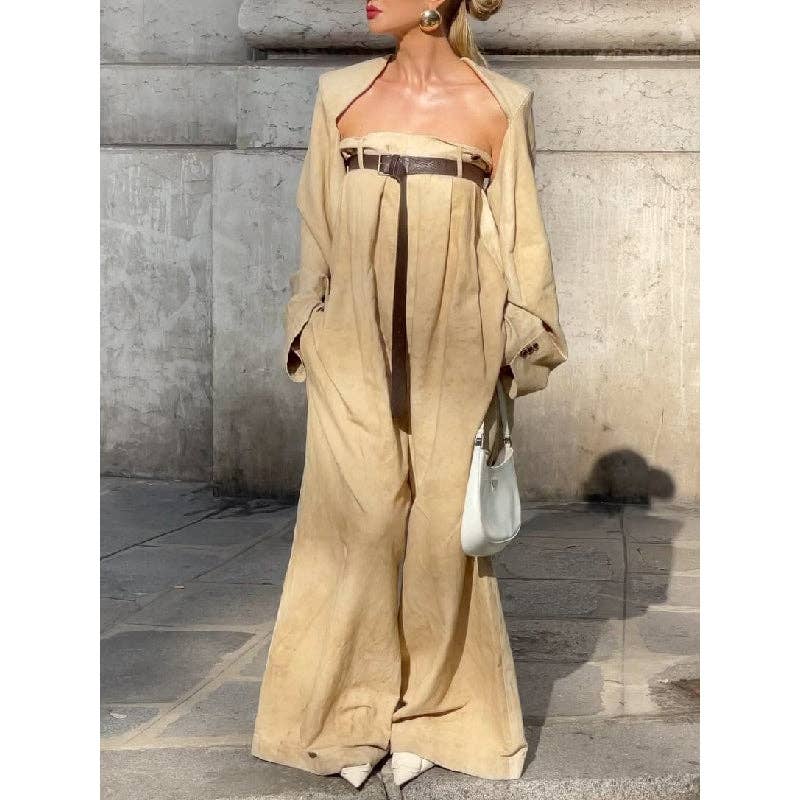 kycozy - Venta al por mayor Conjuntos de top y pantalón (NO para estar en casa) - Mujer - Conjunto de dos piezas: Top exterior sin cuello con mangas largas abotonado + Mono de pierna ancha con cinturón.4