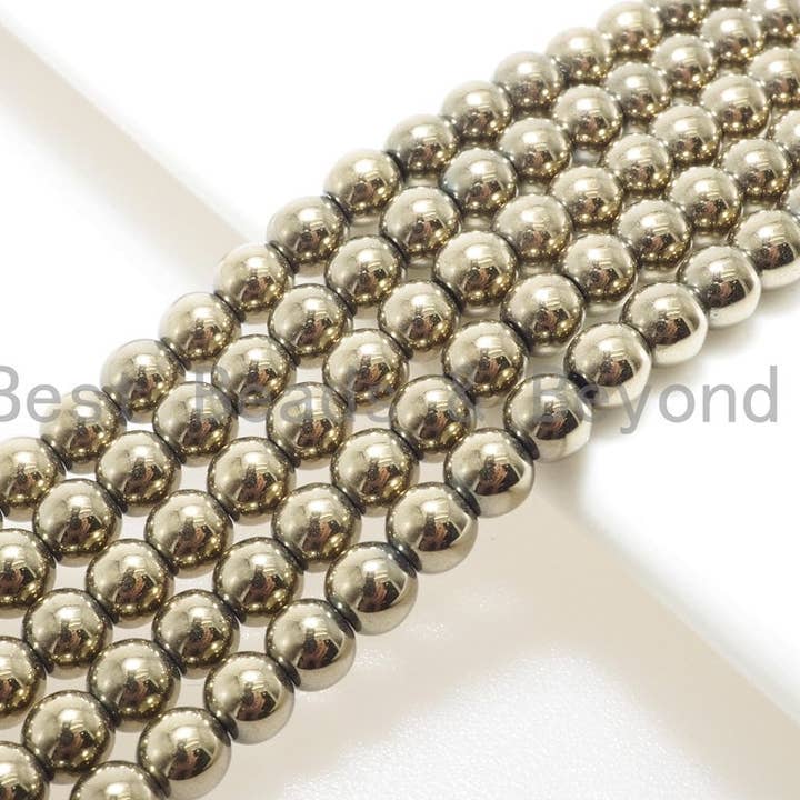 BestBeads&Beyond - Vente Perle - Perles plaquées titane hématite or PYRITE COLOR, hématite lisse ronde 2/3/4/6/8/10mm, pierre gemme de couleur or, brin de 16 pouces, SKU #S921