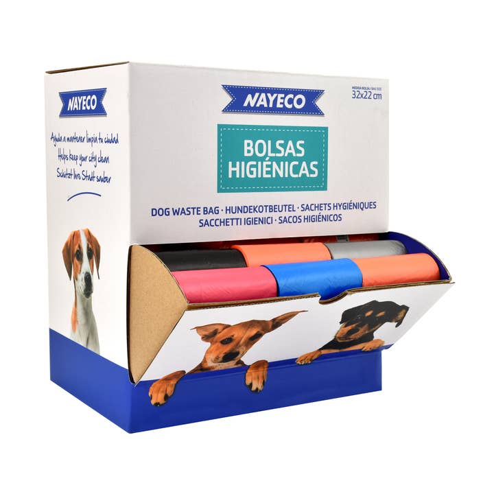 Display mit 60 Rollen Hygienebeuteln für Hunde für den Großhandel von Nayeco