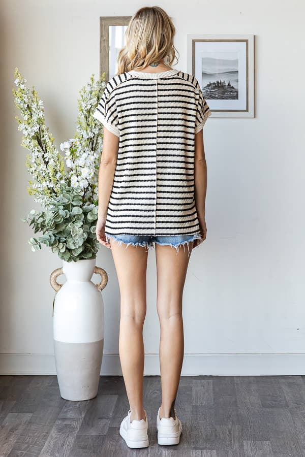 7th Ray - Venta al por mayor Jersey corto de punto - Mujer - Top de manga corta con abertura lateral y textura de rayas T586519