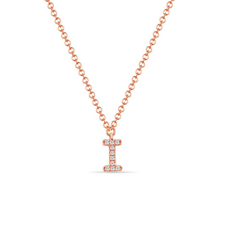 Letter “I” 14K rose gold and diamond necklace for wholesale by Leaf Jewelry