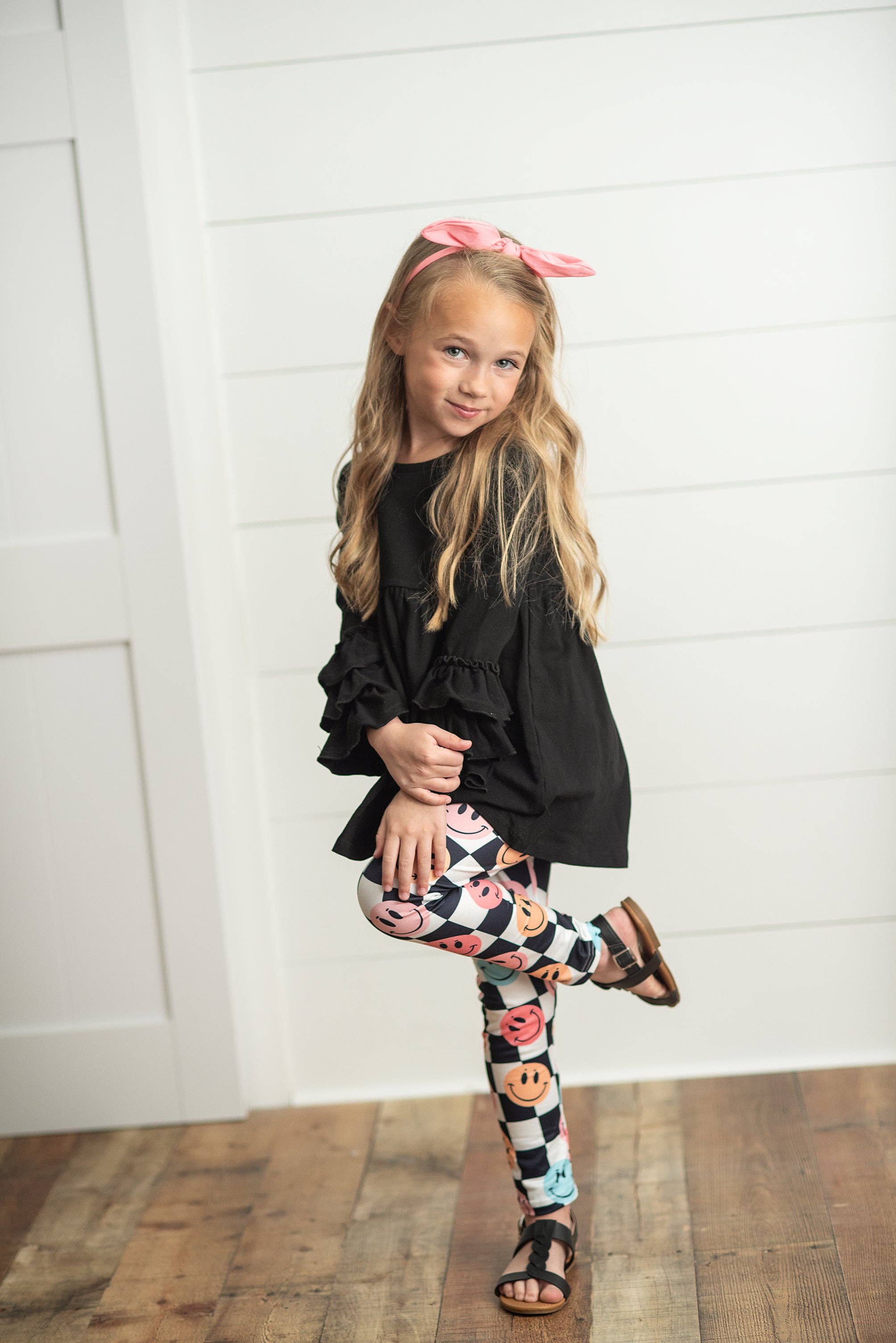 Adorable Sweetness - Wholesale Top & Leggings Set - Kids - Kids Black & White Check Smiley Face Ruffle Top Leggings Set6