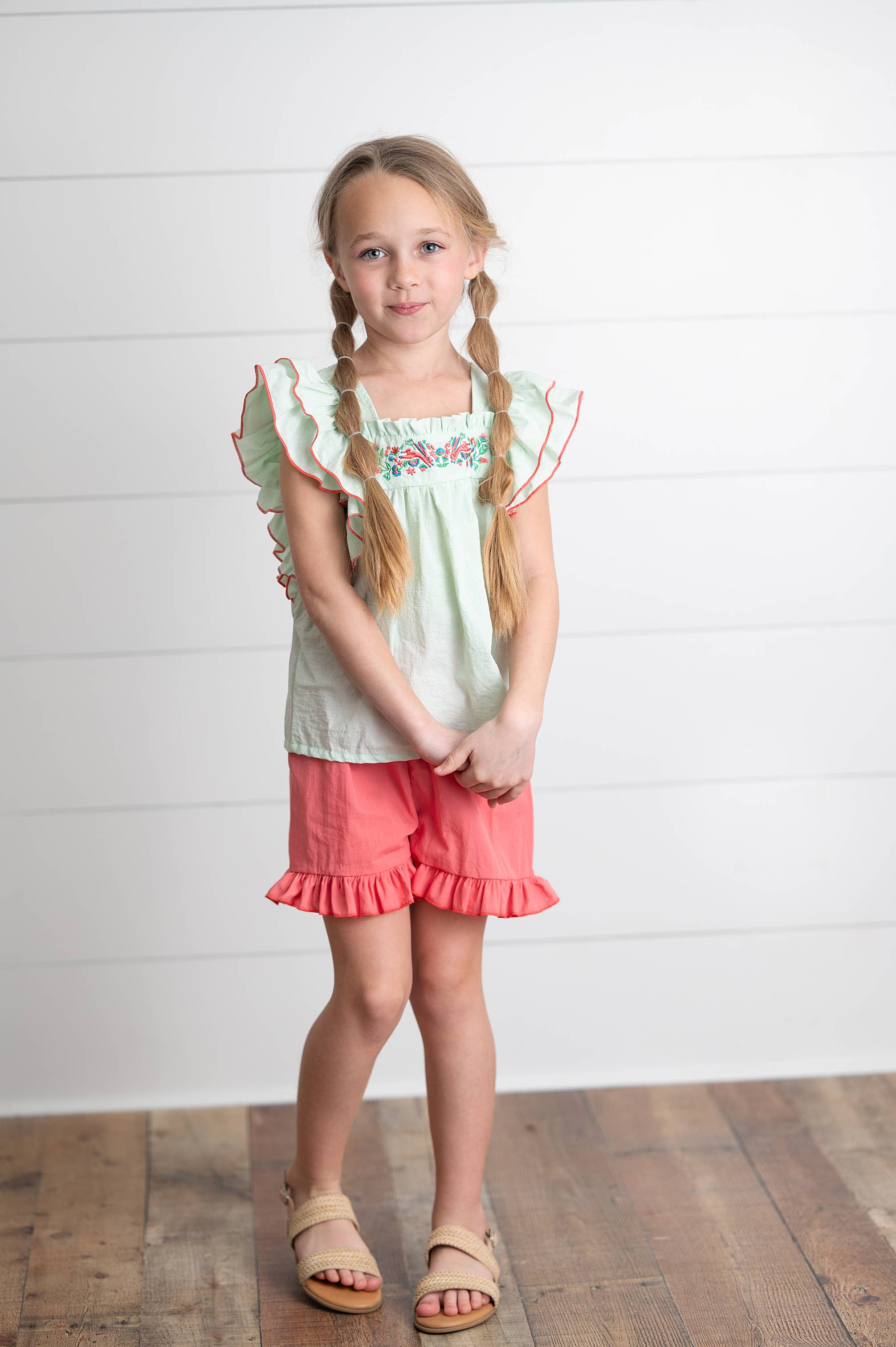 Wren & James - Wholesale Top & Short Set - Kids - Girls Embroidered Mint Ruffle Top & Pink Short Set2