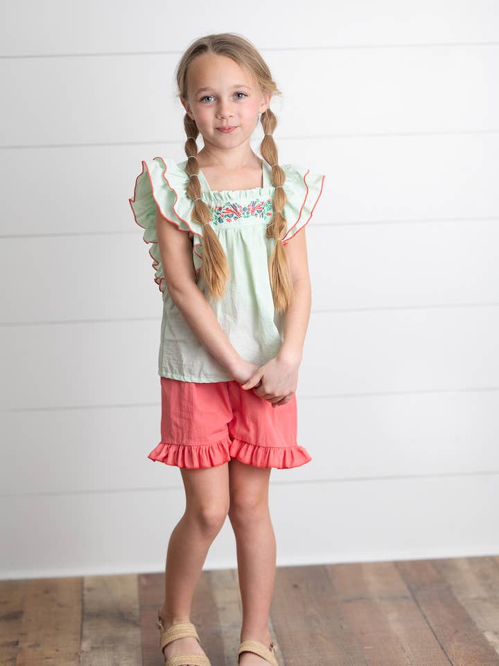 Wren & James - Wholesale Top & Short Set - Kids - Girls Embroidered Mint Ruffle Top & Pink Short Set2