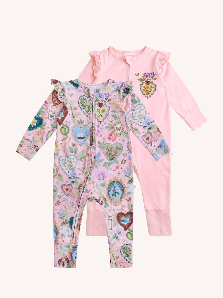 'All my Hearts' Precious Frill Coverall Set - 2 pack - Parfait Pink for wholesale by Fleur Harris