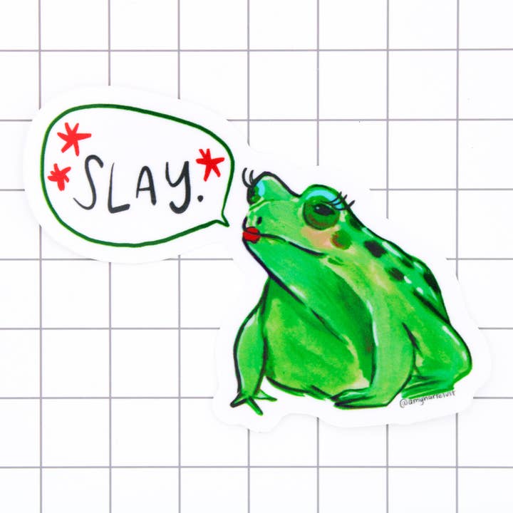 Slay Frog vinylsticker voor wholesale door Amy Hartelust Art and Illustration
