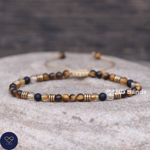 Citrin Onyx Tigerøje 4mm runde perler Minimalistisk Justerbar Armbånd, Tibetansk Ædelsten, Yoga, Boho, Etnisk, succes, held, mod for engroshandel hos LND Bands