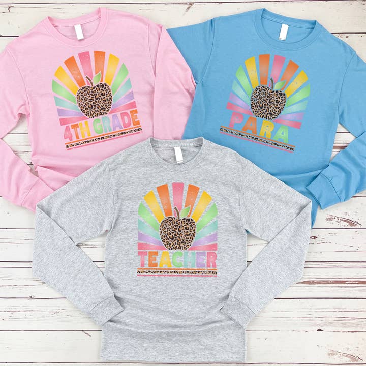 Personalized Rainbow Sunburst Apple // TEACHER Long Sleeve for wholesale by Lucky Llama Creations