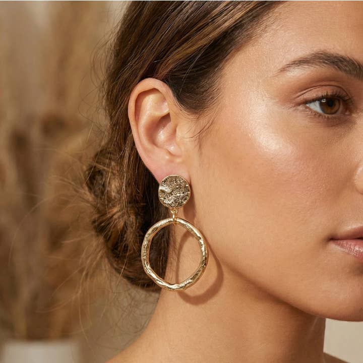 Hammered Hoop And Disc Dangle Earrings for wholesale by The Looks by Fame Accessories