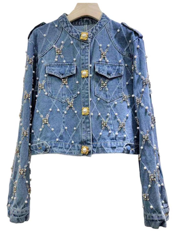 Giacca di jeans con bottoni di perle impreziositi per la vendita all'ingrosso da parte di Mccolin