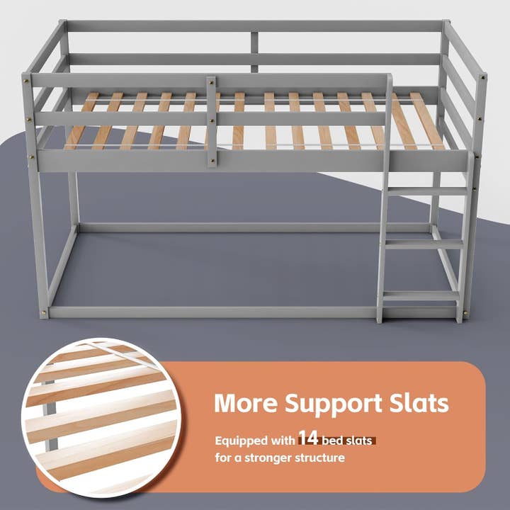 Grey Low Bunk Bed Twin Over Twin With Ladder For Kids Room for wholesale on Faire6
