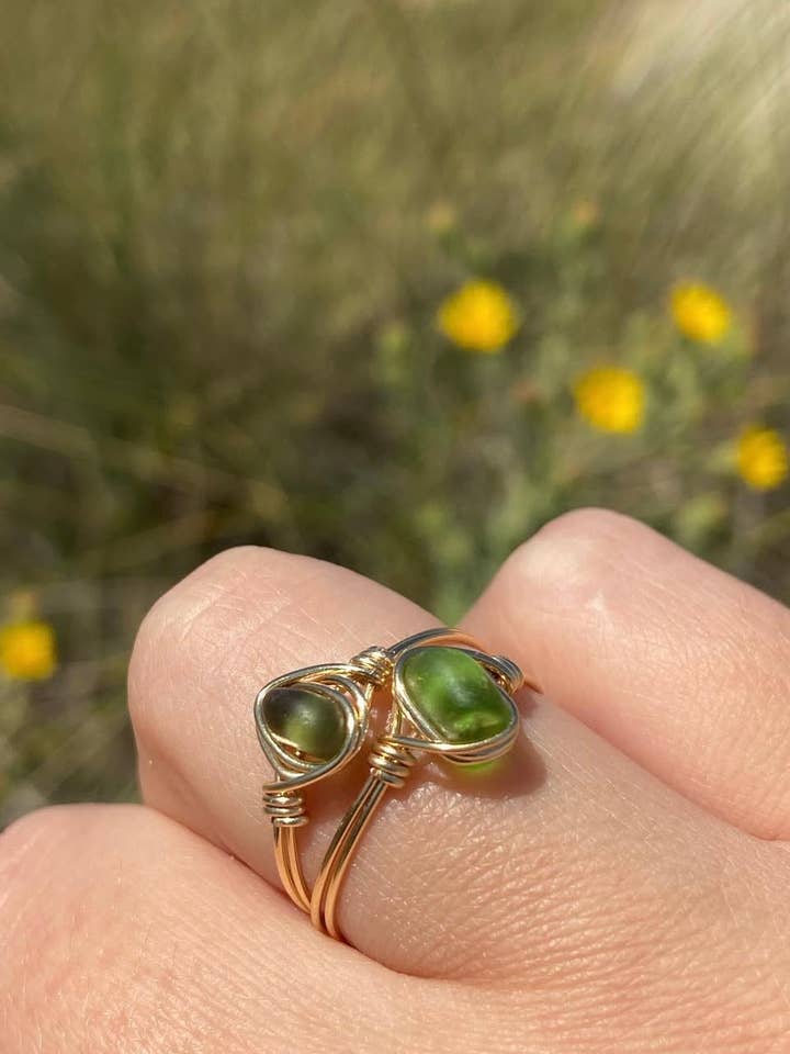 Genuine Olive Green Sea Glass Silver Plated Ring for wholesale by Seaside treasures