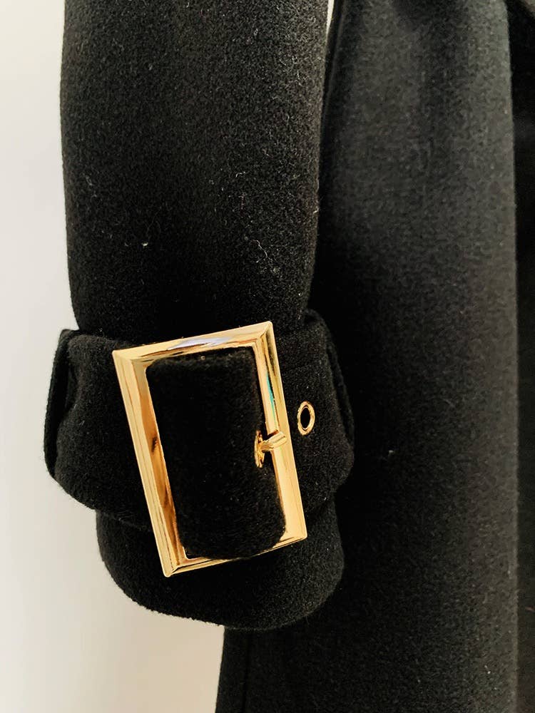 CT027 Elegant Long Black Wool Coat with Gold Accents for wholesale on Faire7