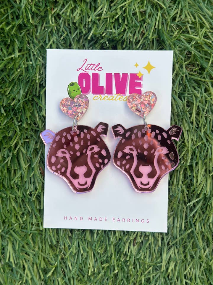 Pink Mirror Cheetah Dangle Earrings | Funky Acrylic Statement Earrings | Lightweight Hypoallergenic Jewelry for wholesale by Little Olive Creates
