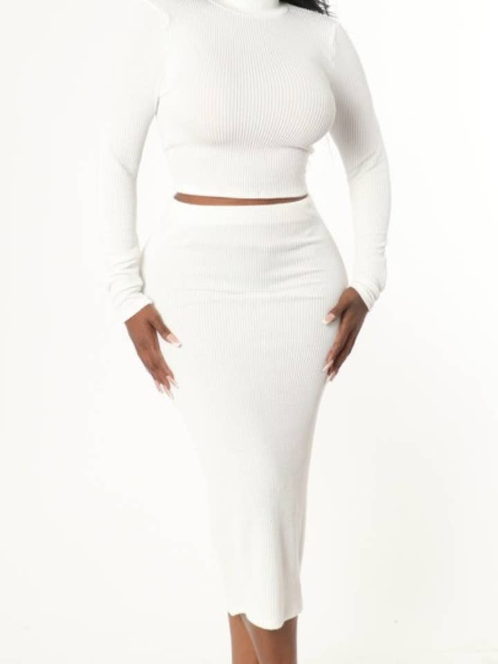 RIBBED LONG SLEEVE CROP TOP AND TUBE SKIRT SET for wholesale by JBLA FASHION