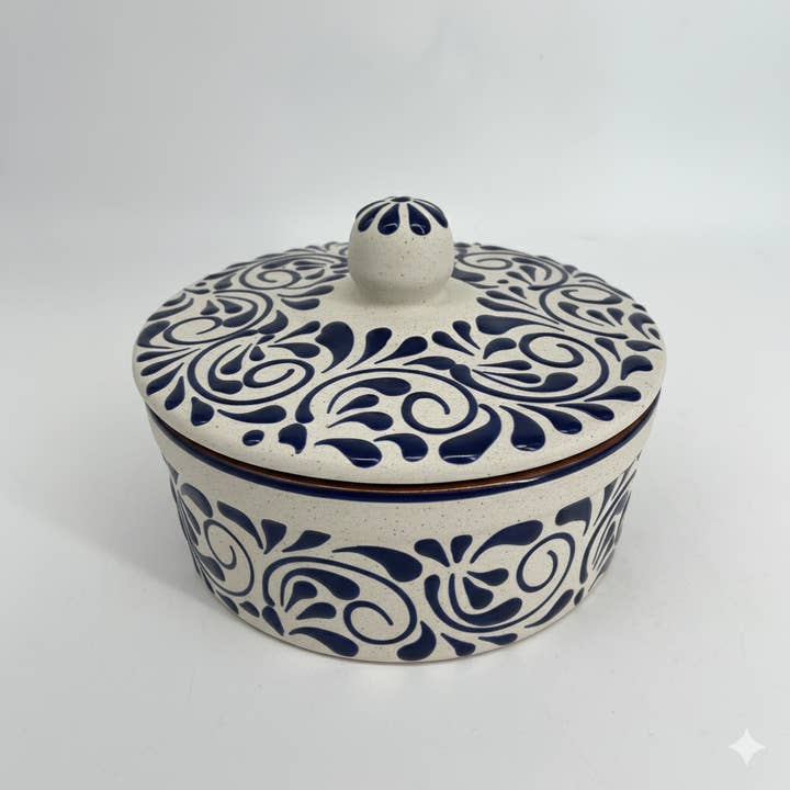 Fiesta McAllen LLC - Wholesale Bread Box - Mexican Ceramic Tortillero in White Sand with Blue Pattern3