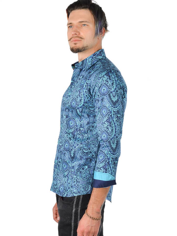 Green Printed paisley button down El chapo Shirt 4501 for wholesale on Faire