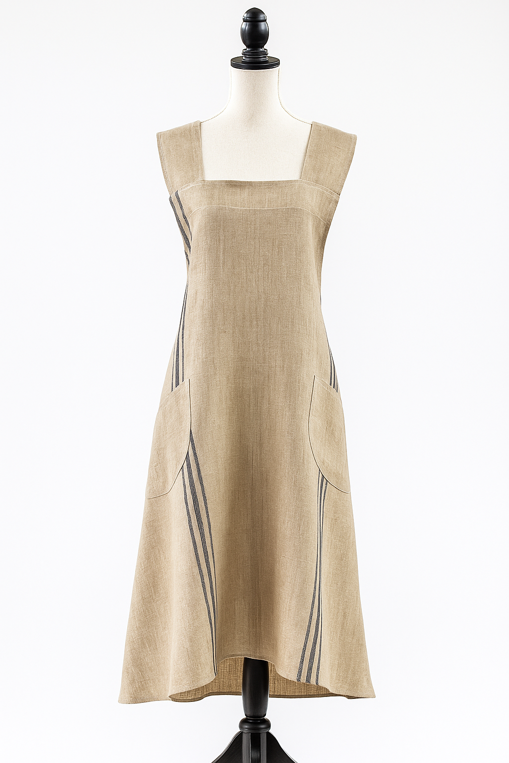 Fennco Styles - Wholesale Apron - Criss-Cross Back Blue Striped Pure Linen Natural Apron 1