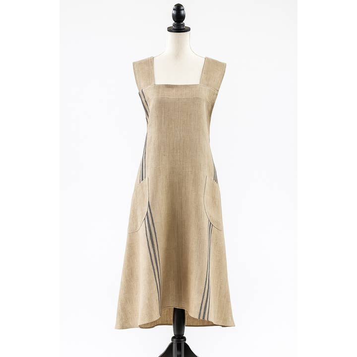 Fennco Styles - Wholesale Apron - Criss-Cross Back Blue Striped Pure Linen Natural Apron 1