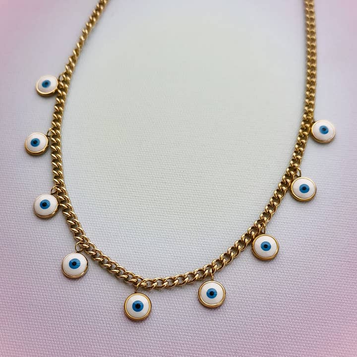 Catena spessa in acciaio inox con ciondoli occhio turco per la vendita all'ingrosso da parte di Pampa Mia