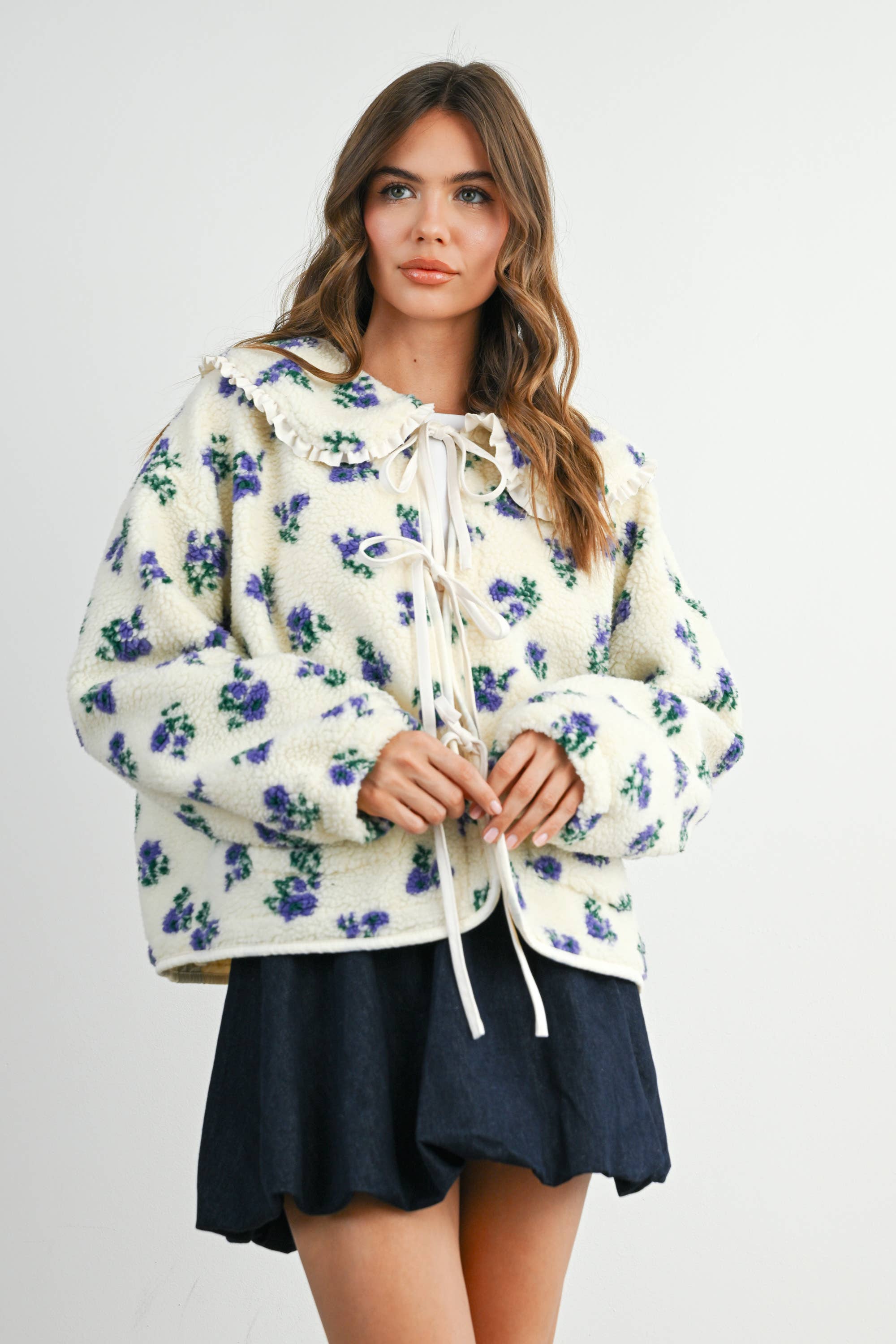 BUTTERMELON - Wholesale Jacket - Women's - Floral Puffy Tie-Front Long Sleeve Jacket - BMJ784120