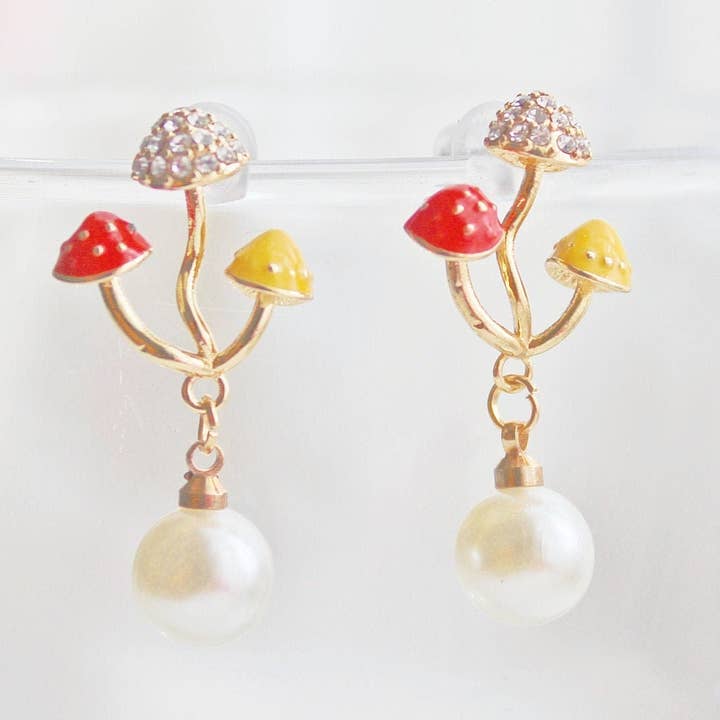 Brincos de três cogumelos - Fly Agaric com gota de pérola por atacado de Ninaouity