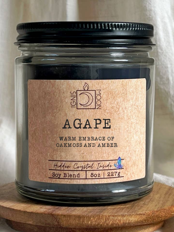 Agape Candle - 8 oz Hidden Crystal Candle - Glass Jar for wholesale by Ignis Moon