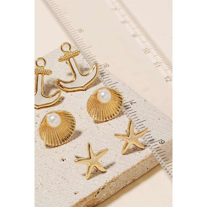 Anarchy Street - Wholesale Jewelry Set - Shell And Pearl Ocean Theme Stud Earrings Set