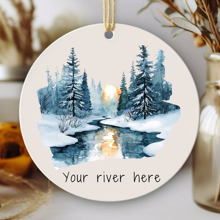Personalized River Christmas Ornament Snowy Forest Name Drop for wholesale by Stad Woodlands