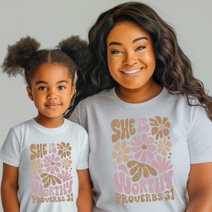 DTF Full Color Transfer - She Is Worthy for wholesale by Small Biz Shipping Co