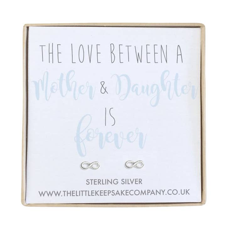 Sterling Silver Infinity Quote Earrings - The Love Between A Mother & Daughter Is Forever for wholesale by The Little Keepsake Company