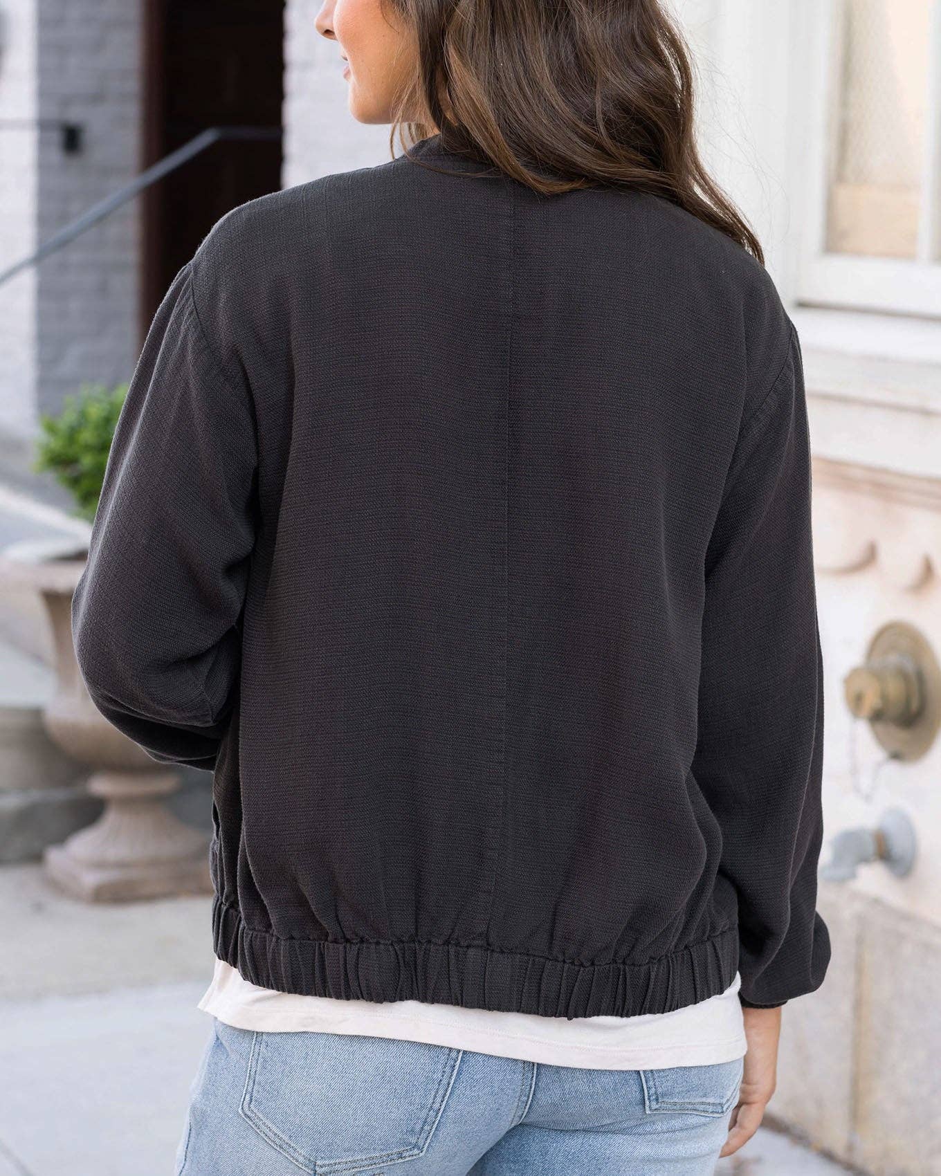 Tencel™ Lyocell Baseball Jacket in Washed Black for wholesale on Faire5
