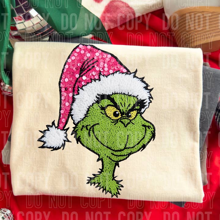 Grinch Faux Yarn DTF Print for wholesale by 6:19 Creative