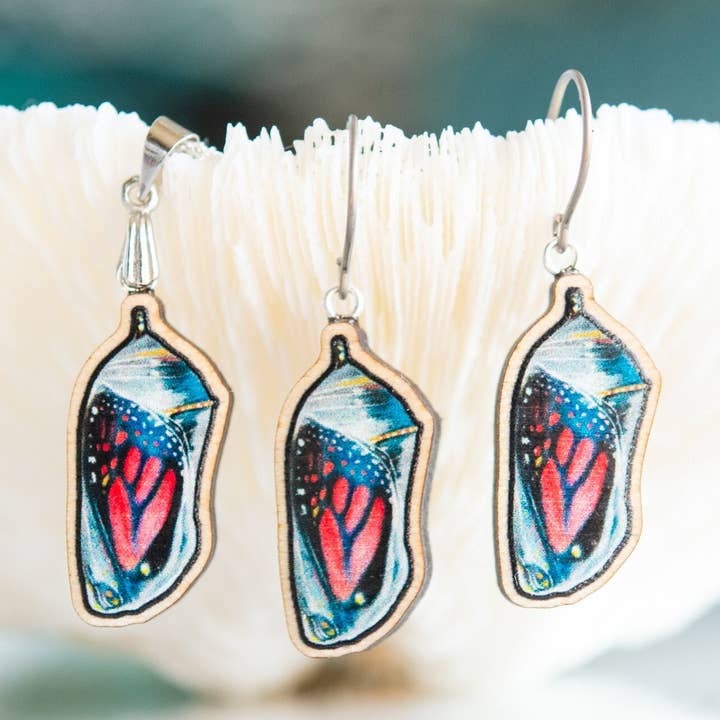 Monarch Butterfly Chrysalis Earrings, Pendants for wholesale by The Slug And Kraken