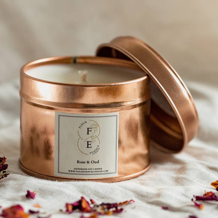 Soy Candle - 100g - Small Rose Gold Tin for wholesale by Fleur Essence London