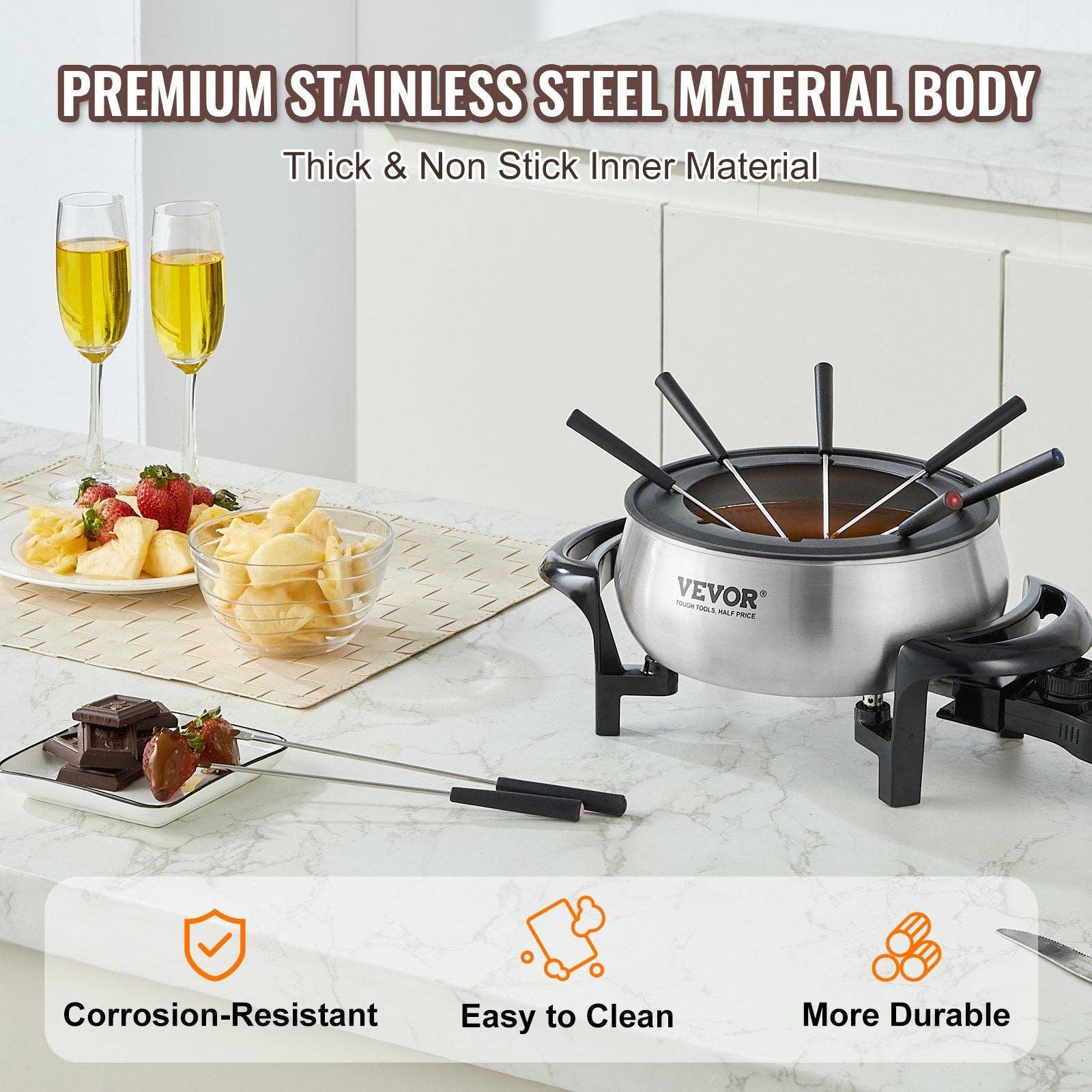 Hard Rock Health Stores - Wholesale Kitchen Appliance - Electric Fondue Pot Set for Cheese & Chocolate, 3 Quart Chocolate Melting Warmer, Stainless Steel Fondue Maker with Temperature Control and 8 Forks, for Hors d'Oeuvres, Entrees, and Desserts3
