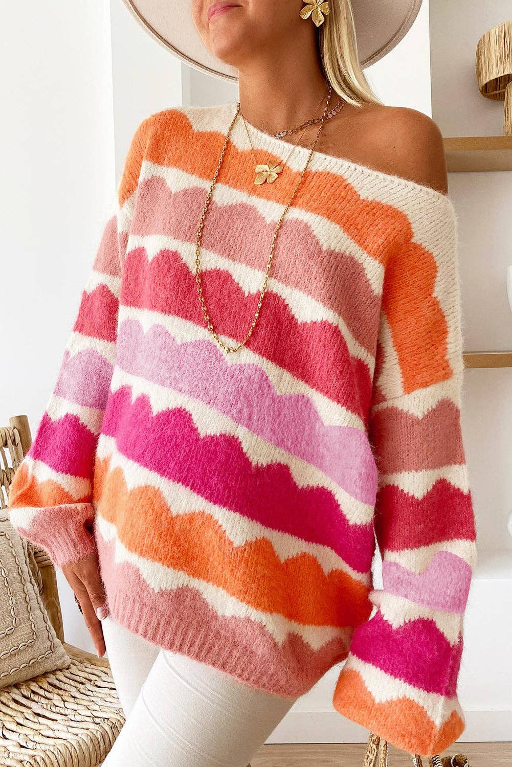 Rose Red Wave Striped Balloon Sleeve Drop Shoulder Sweater for wholesale on Faire1