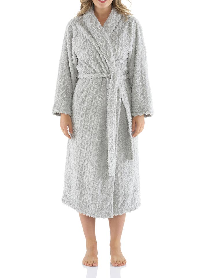 Silver Shawl Collar Lux Sherpa Fleece Dressing Gown for wholesale by Magnolia Lounge