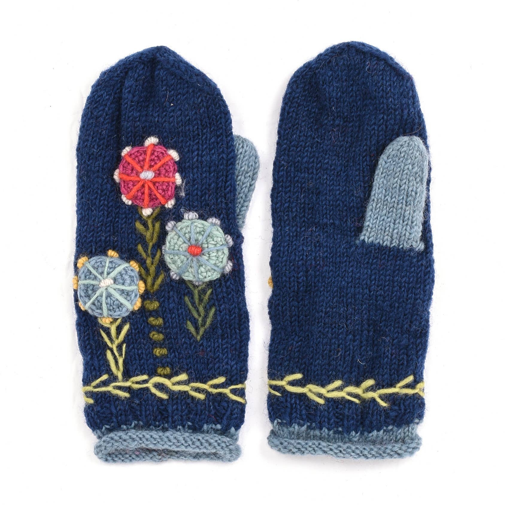 Lost Horizons Knitwear – Ships from USA - Wholesale Mittens - Women's - Maya Mittens – Hand-Knit Wool with 3D Floral Embroidery1