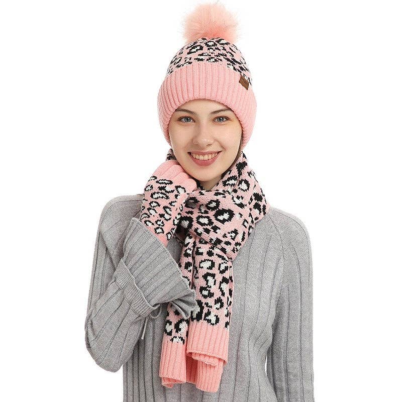 ShieldChic - Wholesale Winter Accessory Set - Women's - Leopard Print Warm Wool Hat Scarf Gloves Three-Piece Set4