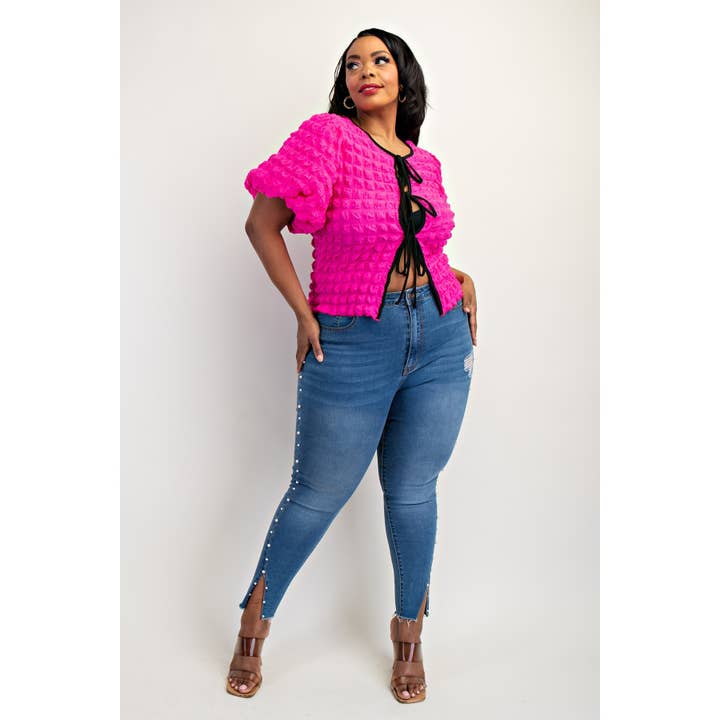 PLUS SIZE SHORT BALLOON SLEEVE CARDIGAN WITH FRONT TIE for wholesale by The Curve LA