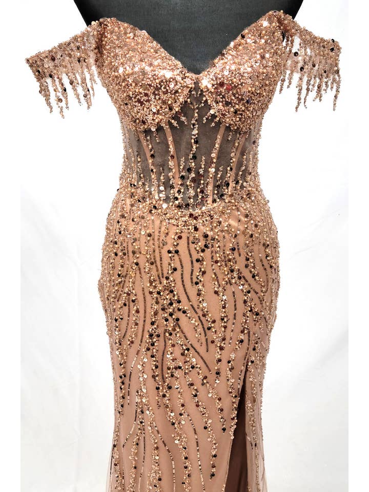 Chicas - Wholesale Gown - Women's - Off the Shoulder Sequin and Bead Long Dress C33131