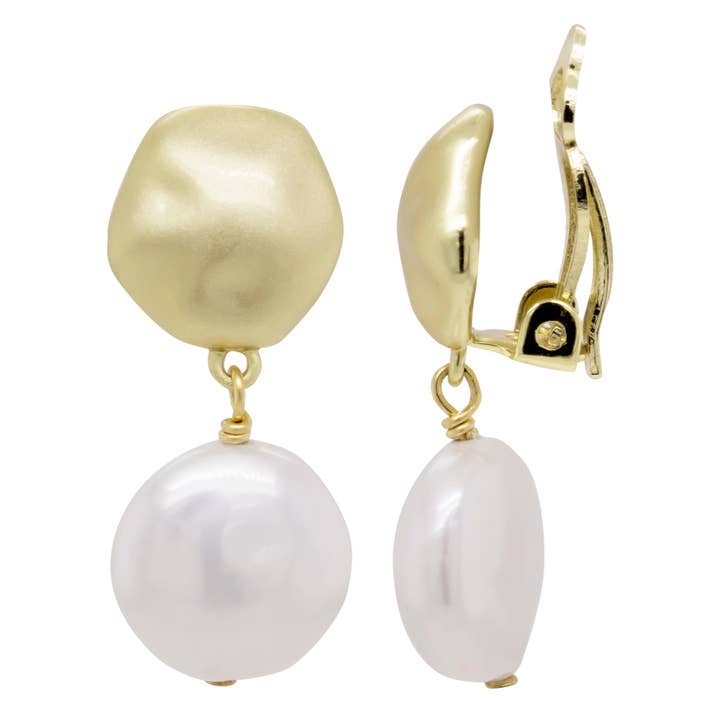 Gold Plated Silver Hammered Coin Pearl Clip Earrings for wholesale by Dlux Jewels