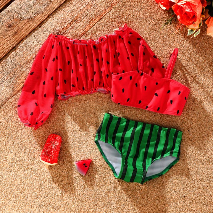 3pcs Toddler Girl Watermelon Off-Shoulder Swimsuit for wholesale by PatPat