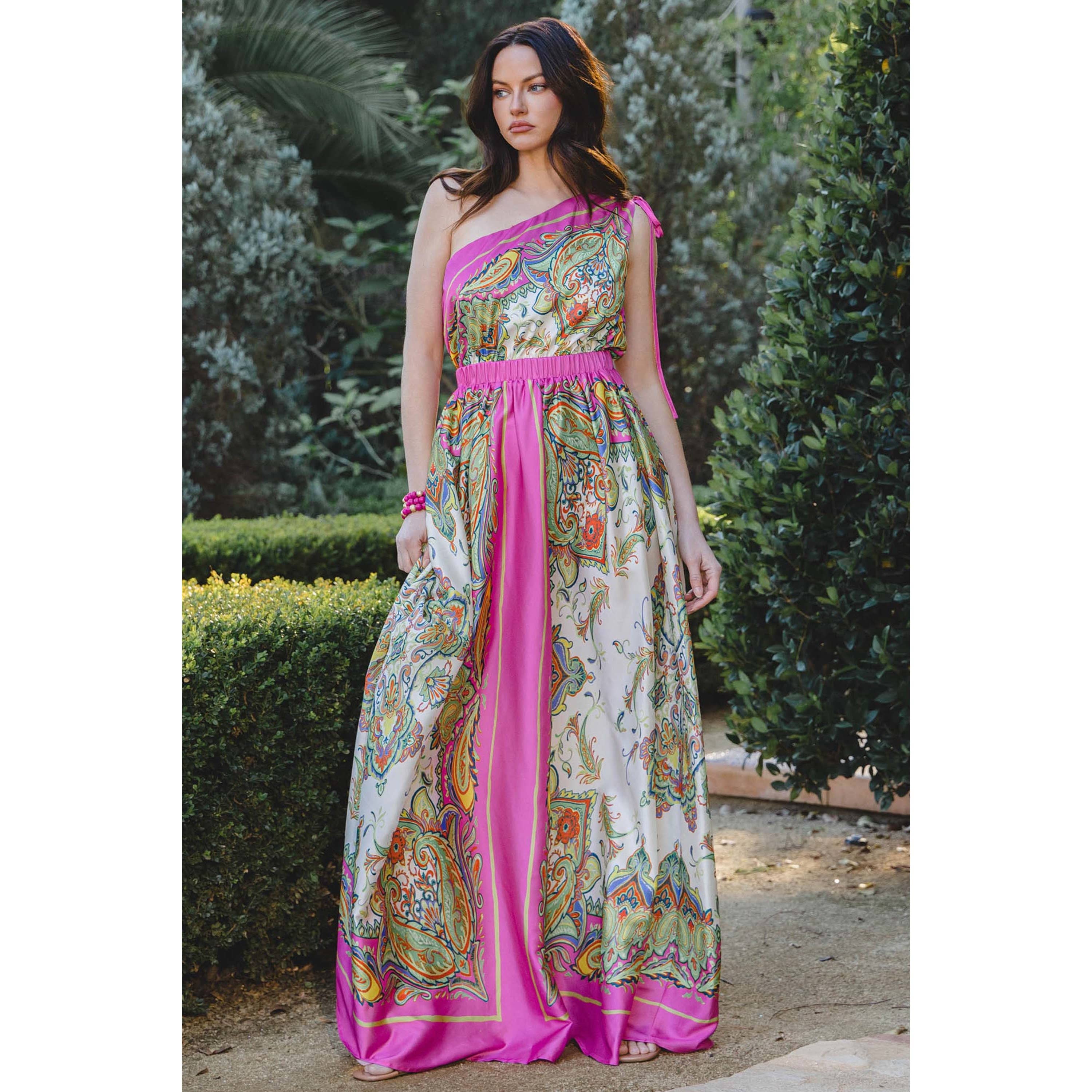 The Sang - Wholesale Dress - Women's - SATIN BORDER PRINT ONE SHOULDER MAXI DRESS0