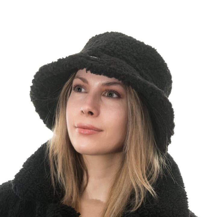 Borg Bucket Hat Black Wide Brim Teddy Sherpa Hat for wholesale by CRAGGI
