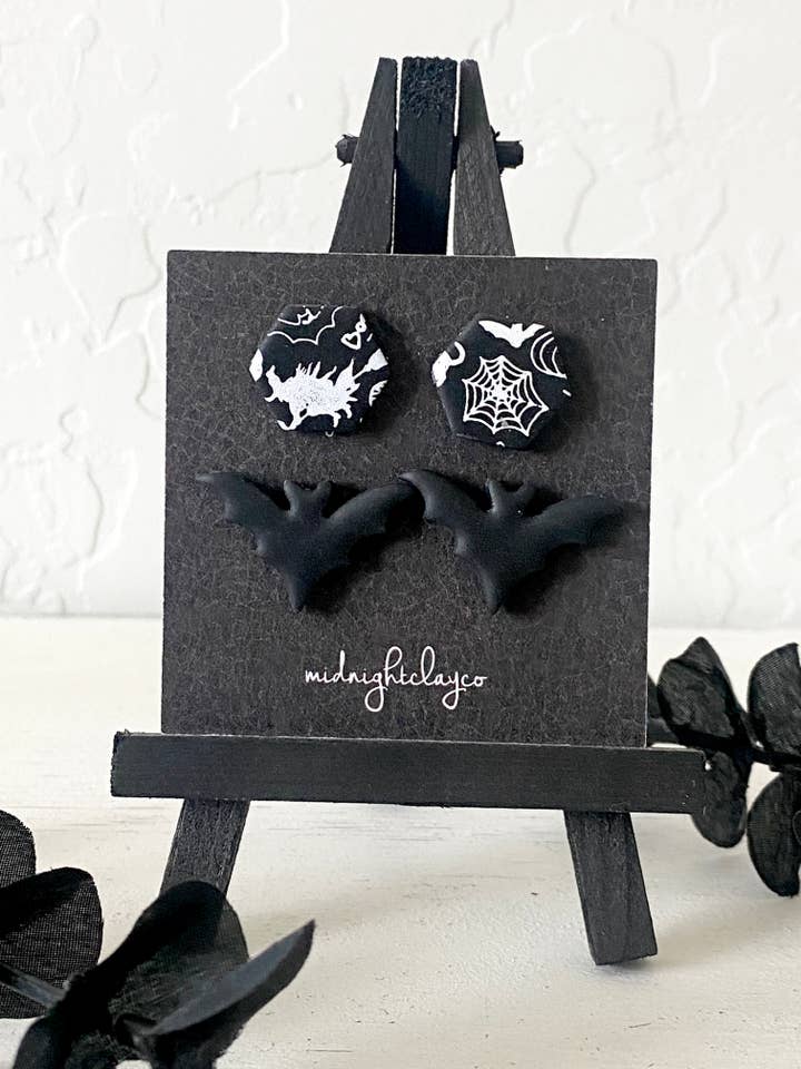 halloween earrings, black earrings, halloween jewelry, studs for wholesale by midnightclayco