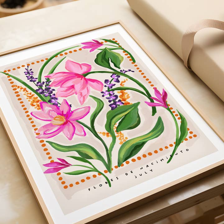 July Birth Month Flower Art Print. Larkspur & Water Lily for wholesale by Elizabeth Rachael